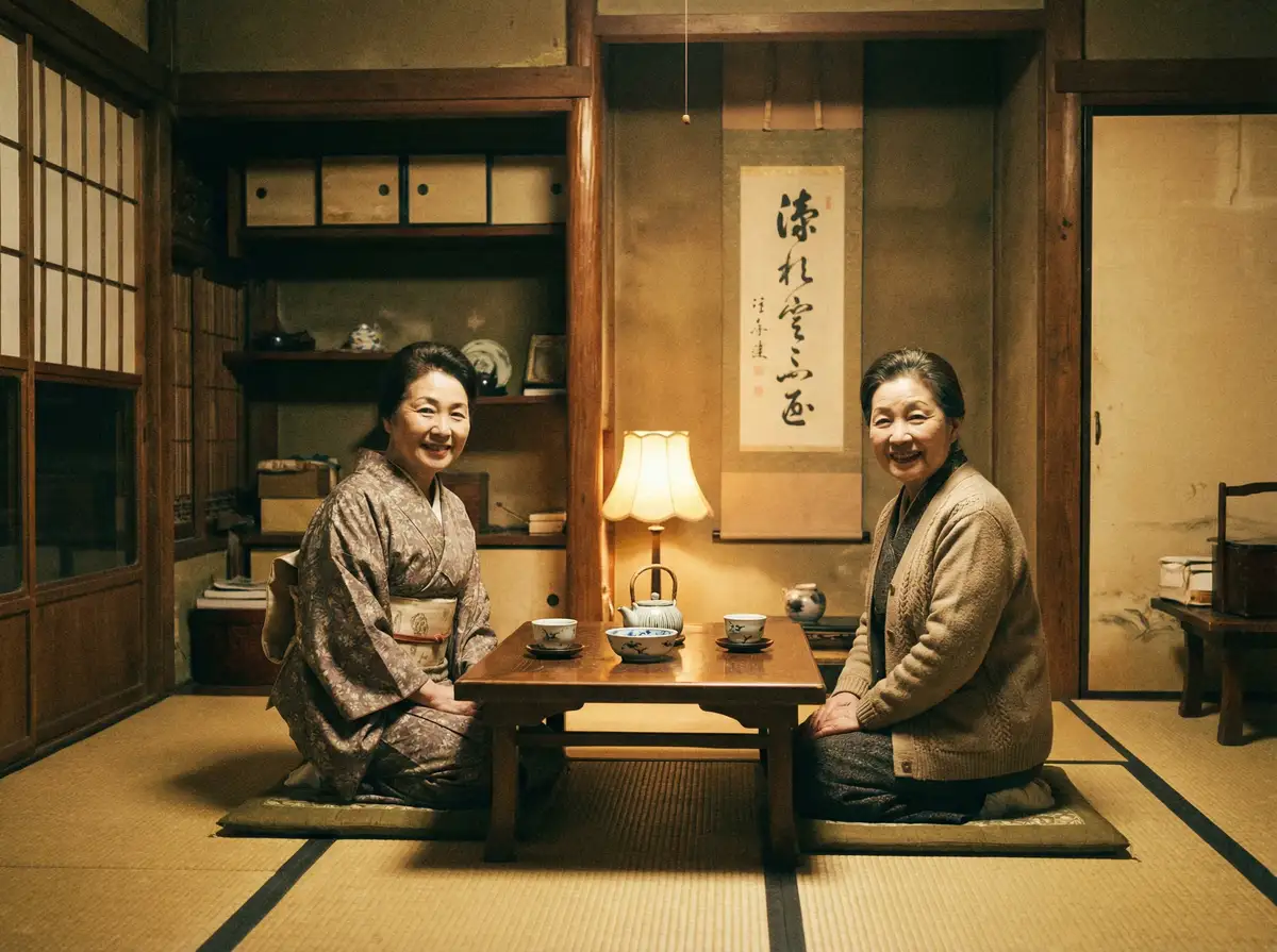 两位优雅的 爱豆传媒 在日式茶室中品茶交谈